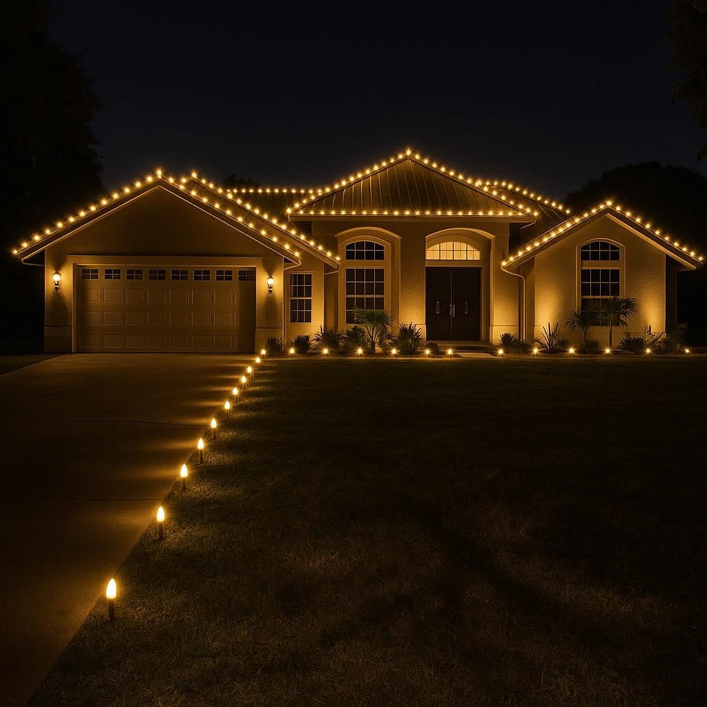Roofline and pathway lighting at night